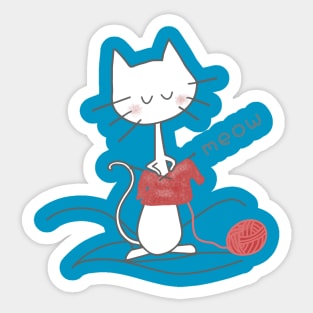 White Knitting Cat - Teal Sticker